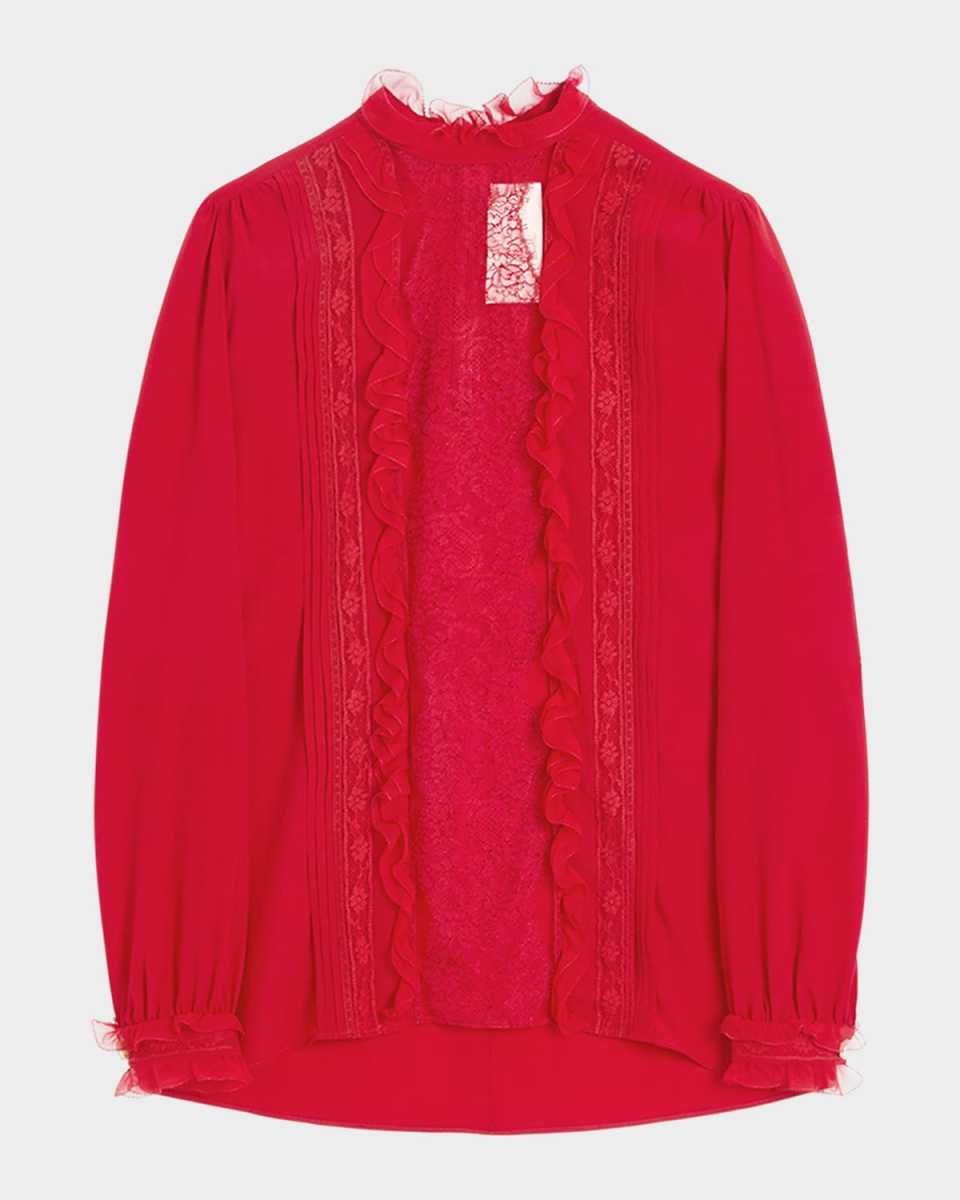 High-Neck Ruffle Lace-Bib Silk Blouse